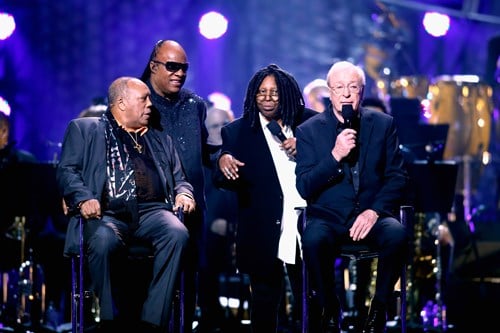 Quincy Jones, Stevie Wonder, Whoopi Goldberg, and Sir Michael Caine at the 2013 Keep Memory Alive Power of Love Gala celebrating the joint 80th birthdays of Caine and Jones at the MGM Grand Garden Arena on Saturday, April 13, 2013.