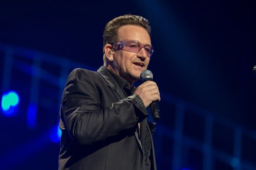 Bono performs at the 2013 Power of Love gala honoring Quincy Jones and Sir Michael Caine.
